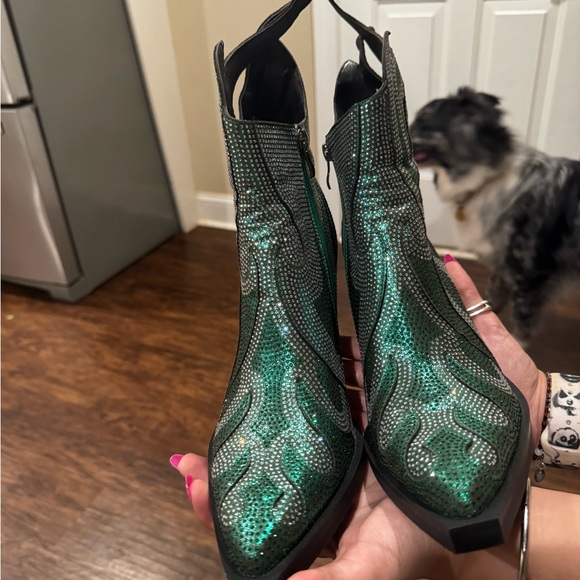 Bedazzled flame boots in emerald green. High heeled boots - Picture 1 of 5
